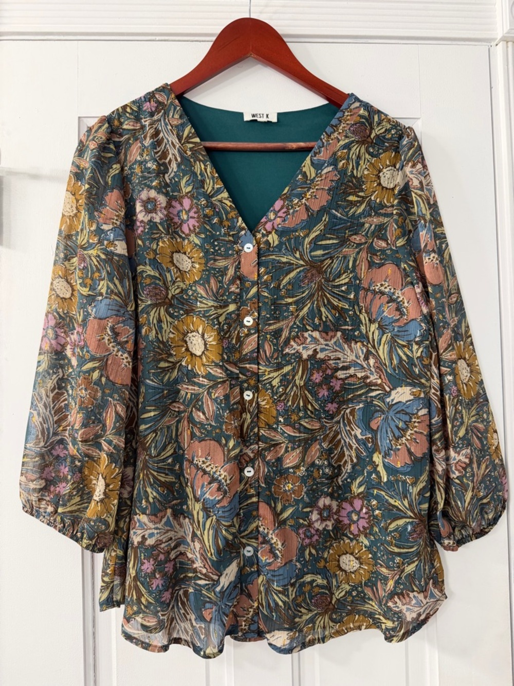 West K Floral V-Neck Button Front Blouse in Teal and Mustard